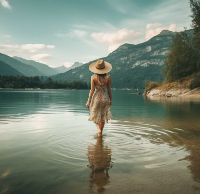 A boho girl walking by a crystal clear lake, surrounded by breathtaking mountain views, rear view. Travel light with ease and let nature guide you concept. Generative AI